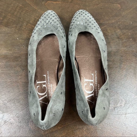 AGL Grey Suede Pointed Toe Flats Grommet Career Classic - Picture 6 of 9